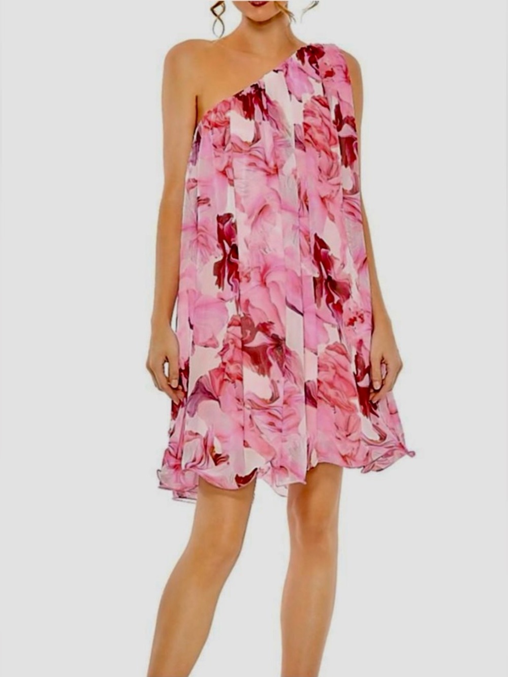 NWT MAC DUGGAL 55875 PINK Floral one shoulder Mini -Wedding Guest Vacation sz 4